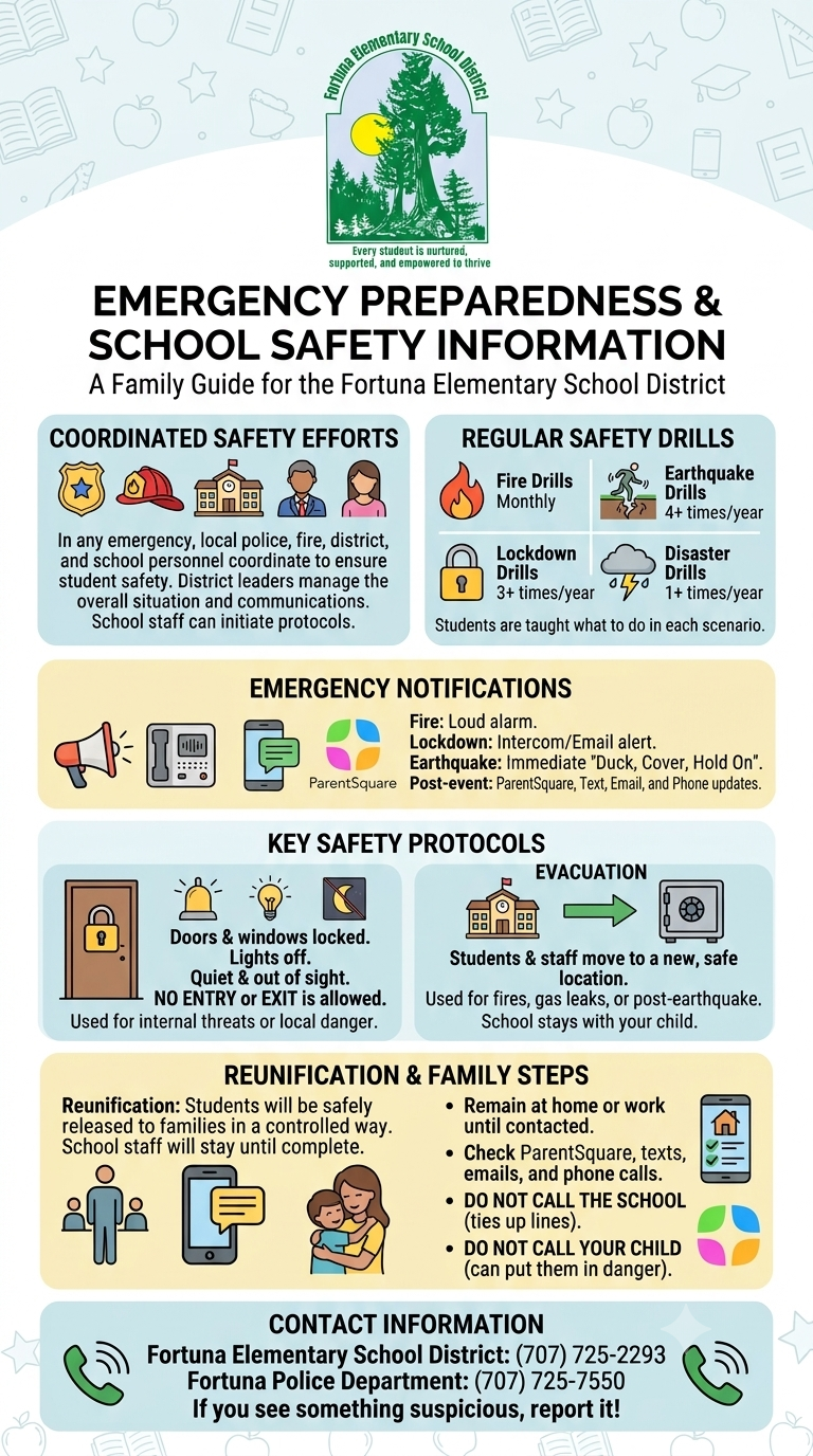 An informational flyer titled "Emergency Preparedness & School Safety Information" for the Fortuna Elementary School District, featuring safety protocols and contact details.
